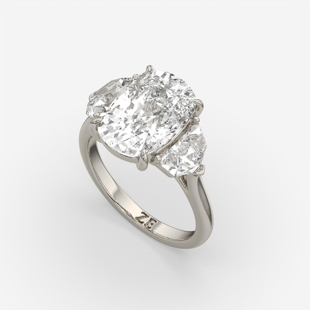 7.00 Ct F VS1 Cushion 3 Stone Ring With Brilliant Cut Trapezoid Accents, in white gold, front view