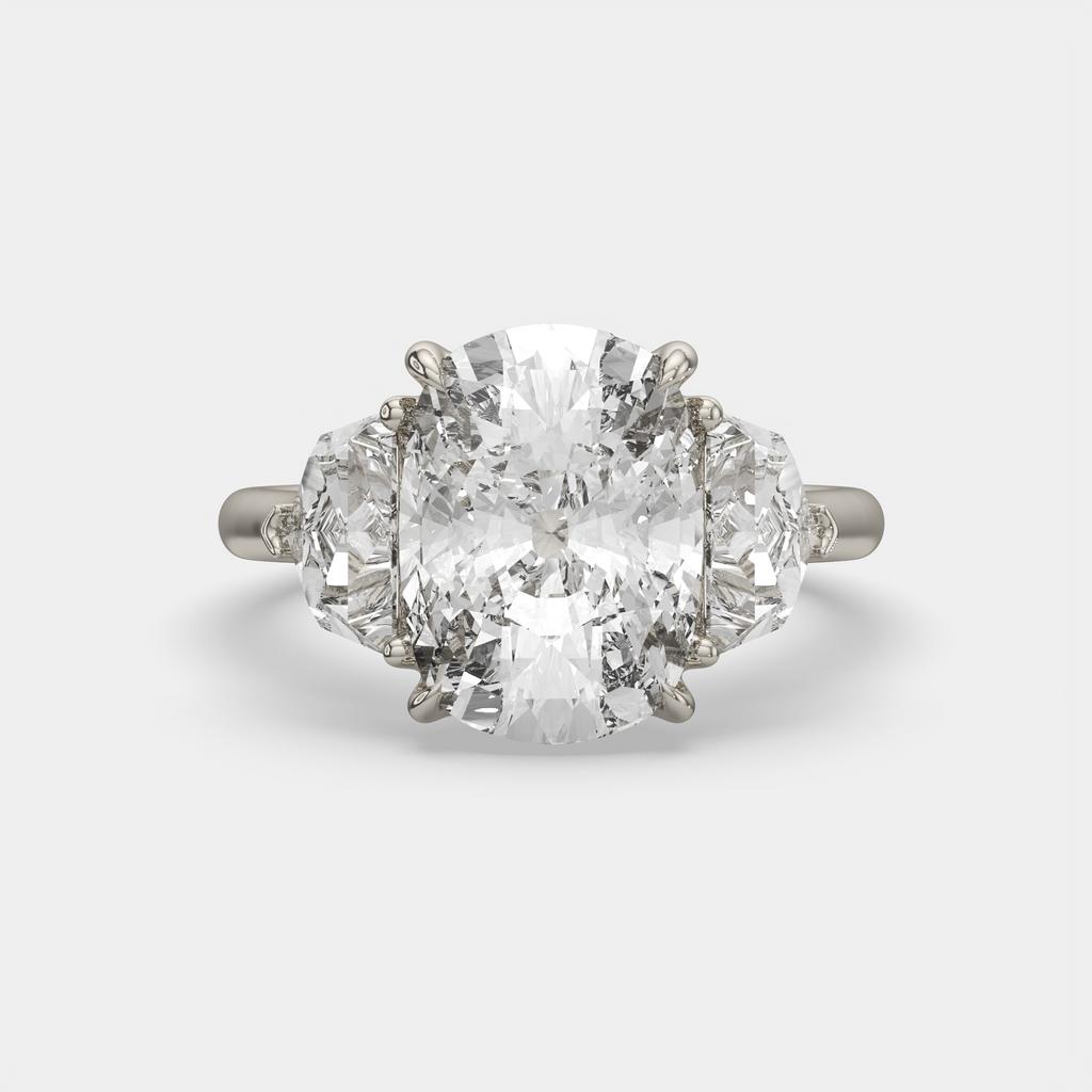 7.00 Ct F VS1 Cushion 3 Stone Ring With Brilliant Cut Trapezoid Accents, in white gold, front view