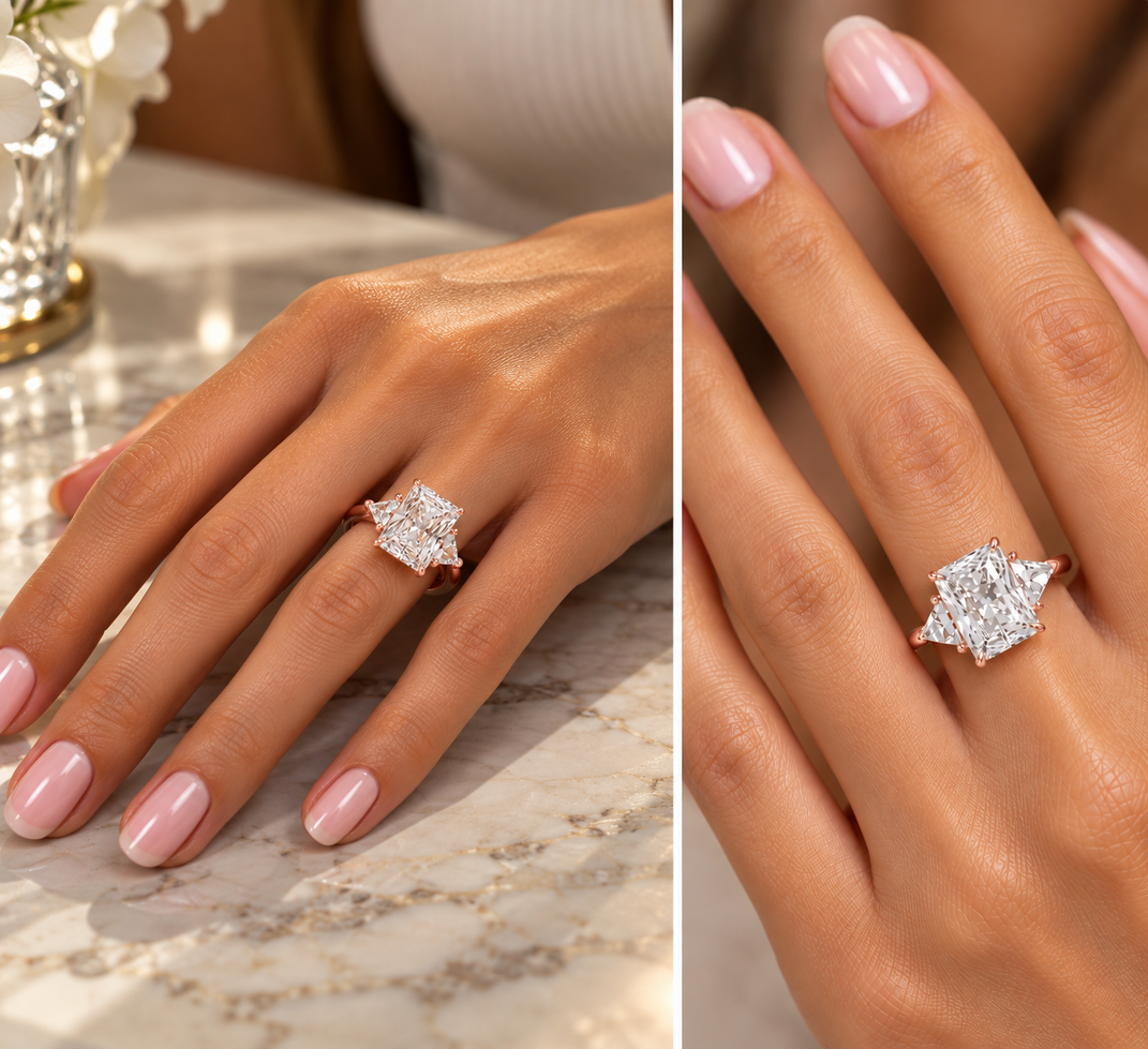 7.20 Ct E VS1 Radiant Cut Lab-Grown Diamond Three Stone Ring with Trapezoid Side Diamonds, in rose gold, on hand