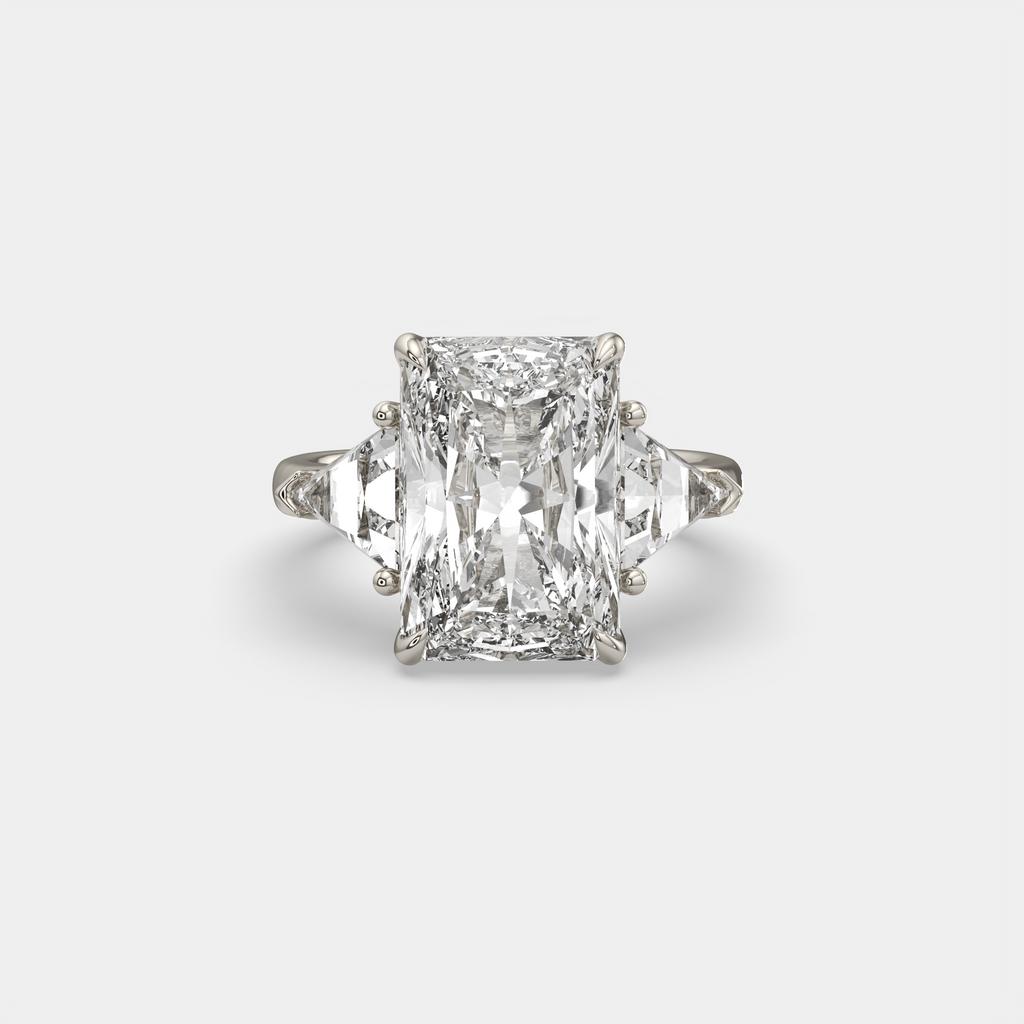 7.20 Ct E VS1 Radiant Cut Lab-Grown Diamond Three Stone Ring with Trapezoid Side Diamonds, in white gold, front view