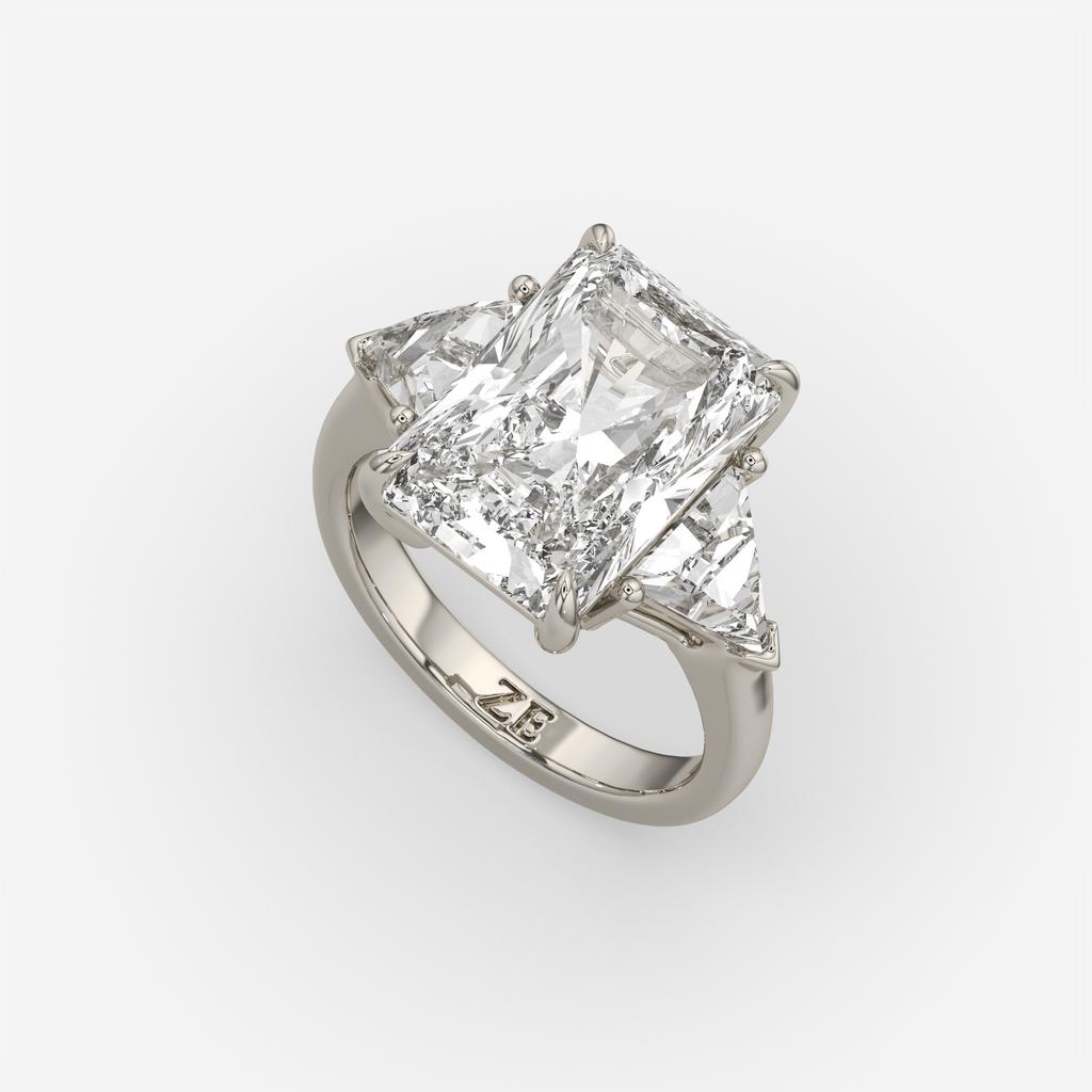 7.20 Ct E VS1 Radiant Cut Lab-Grown Diamond Three Stone Ring with Trapezoid Side Diamonds, in white gold, front view