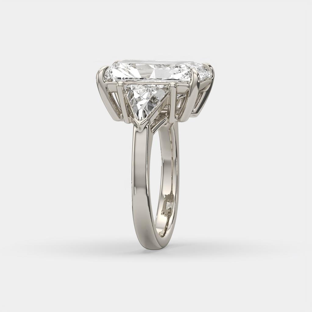 7.20 Ct E VS1 Radiant Cut Lab-Grown Diamond Three Stone Ring with Trapezoid Side Diamonds, in white gold, side profile