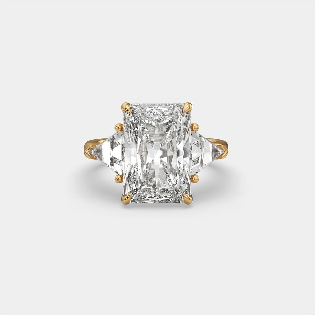 7.20 Ct E VS1 Radiant Cut Lab-Grown Diamond Three Stone Ring with Trapezoid Side Diamonds, in yellow gold, front view