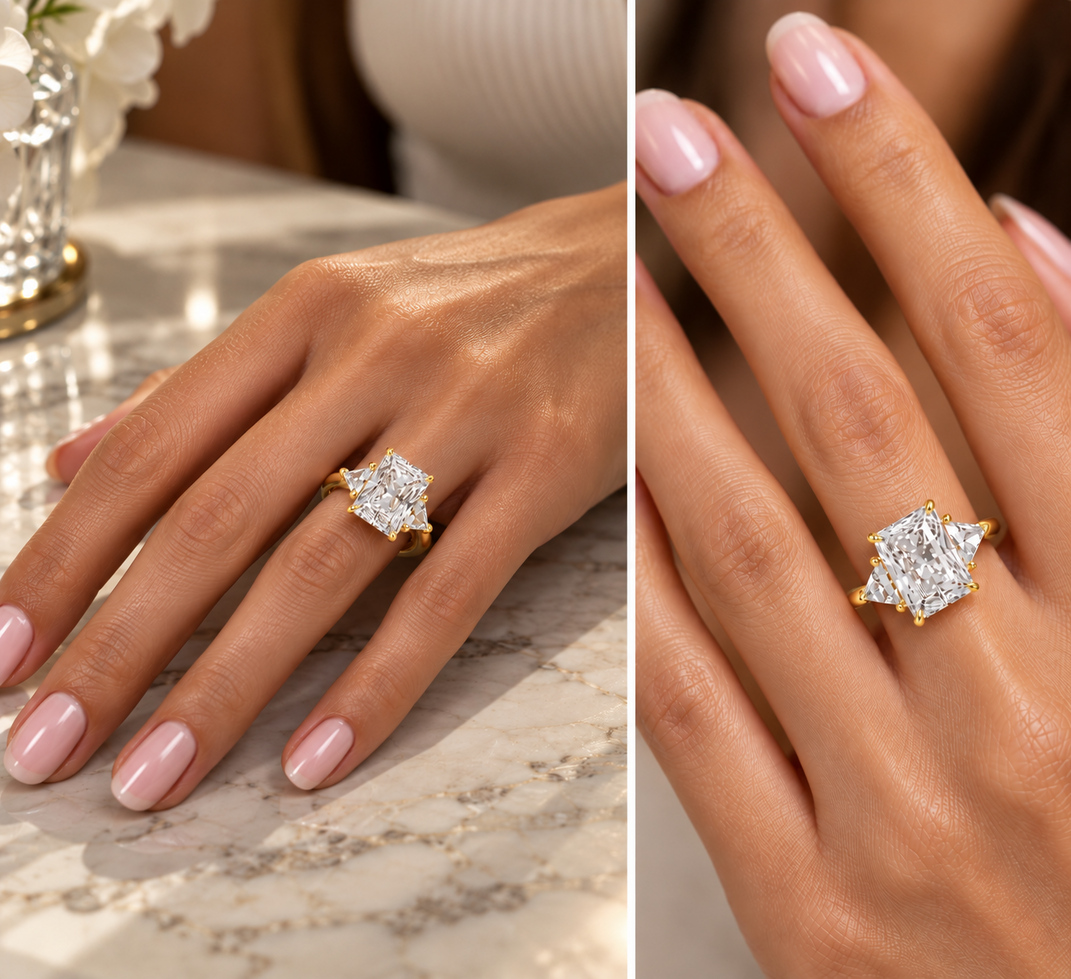 7.20 Ct E VS1 Radiant Cut Lab-Grown Diamond Three Stone Ring with Trapezoid Side Diamonds, in yellow gold, on hand