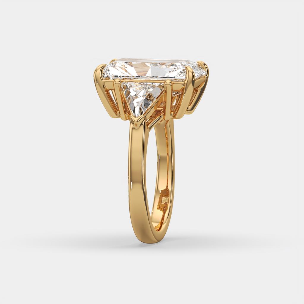 7.20 Ct E VS1 Radiant Cut Lab-Grown Diamond Three Stone Ring with Trapezoid Side Diamonds, in yellow gold, side profile