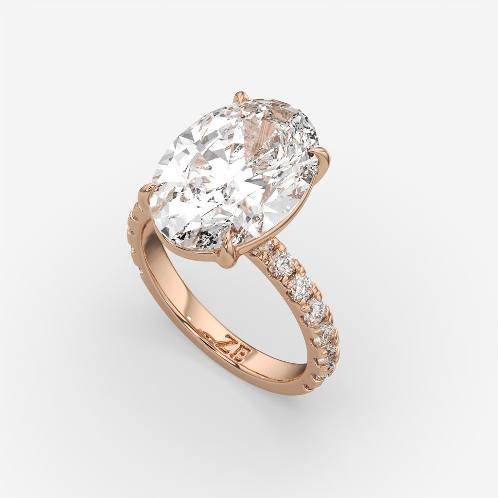 7.60 Ct F VS1 Oval Lab Grown Diamond Ring With Pavé Diamonds, in rose gold, front view