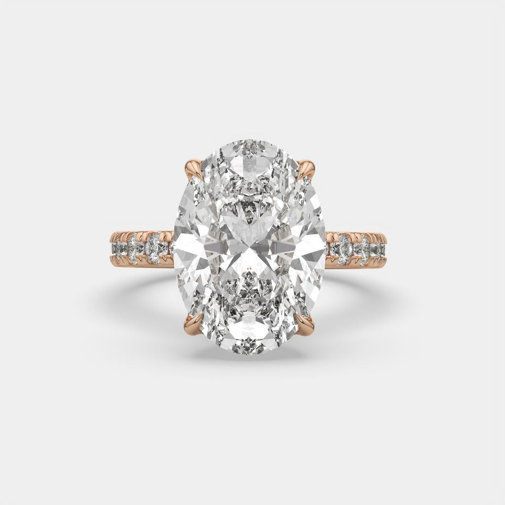 7.60 Ct F VS1 Oval Lab Grown Diamond Ring With Pavé Diamonds, in rose gold, front view
