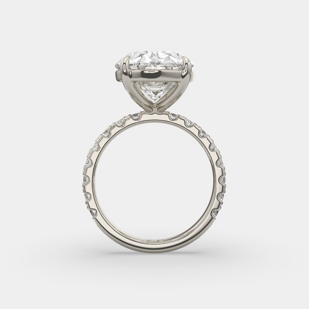 7.60 Ct F VS1 Oval Lab Grown Diamond Ring With Pavé Diamonds, in white gold, front view