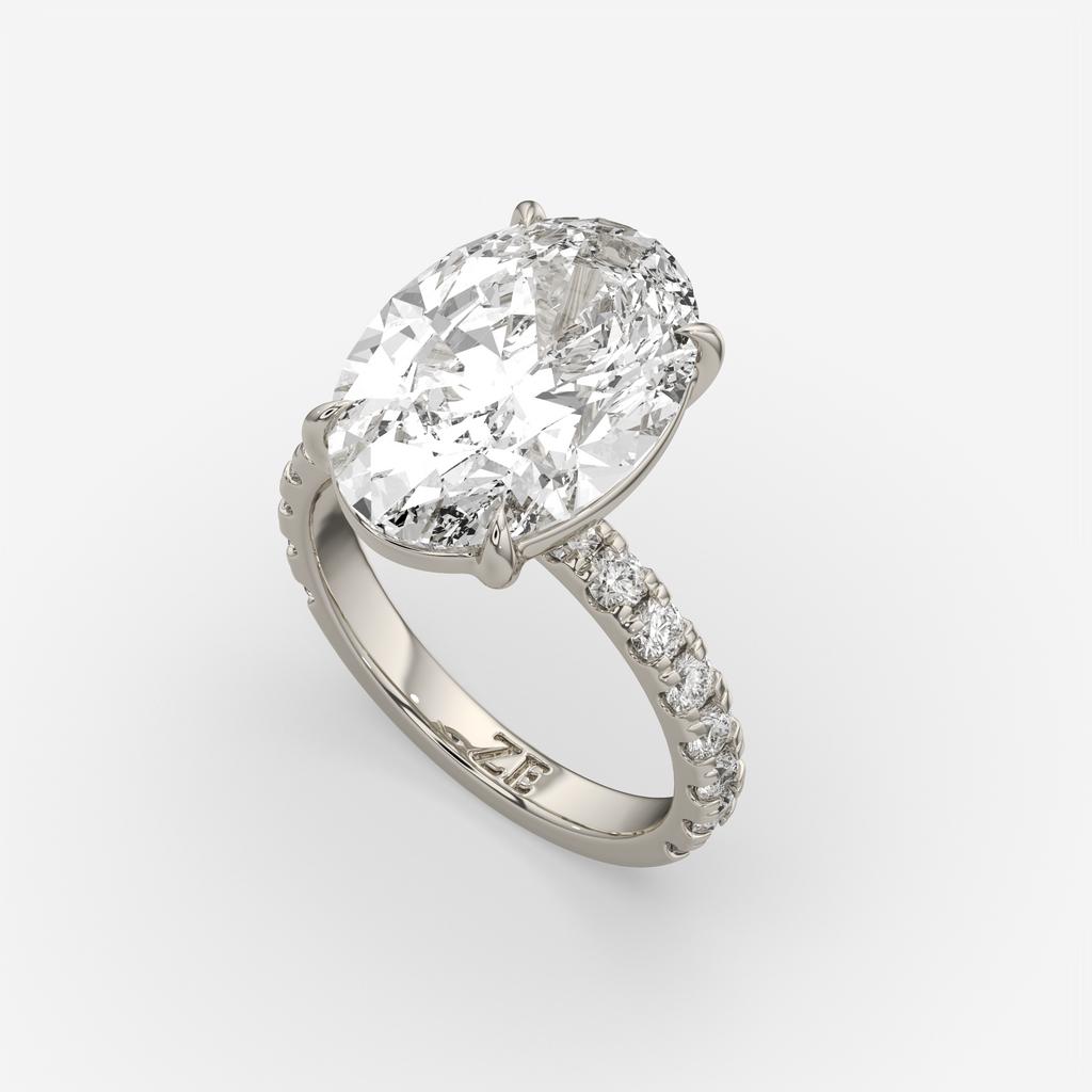 7.60 Ct F VS1 Oval Lab Grown Diamond Ring With Pavé Diamonds, in white gold, front view