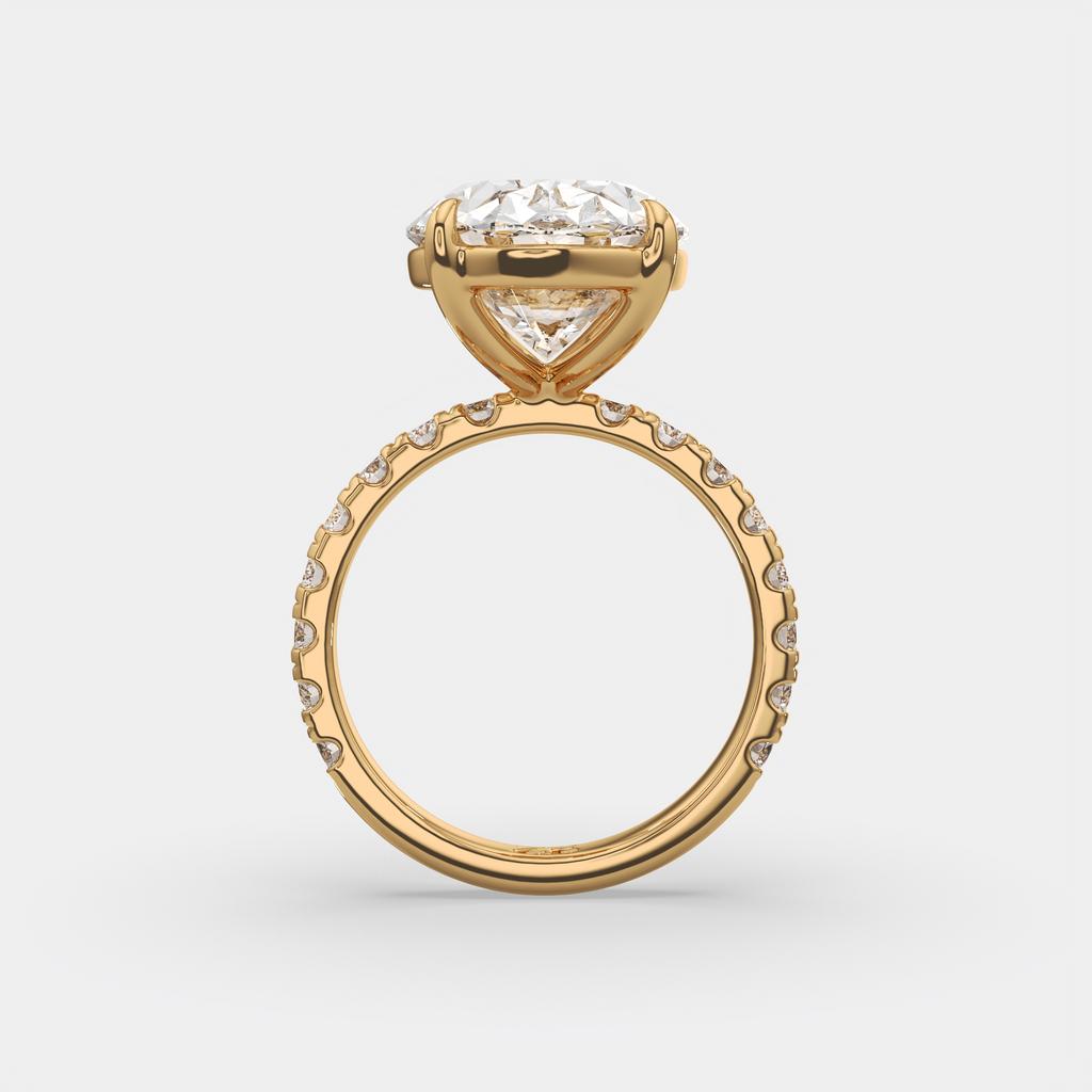 7.60 Ct F VS1 Oval Lab Grown Diamond Ring With Pavé Diamonds, in yellow gold, front view