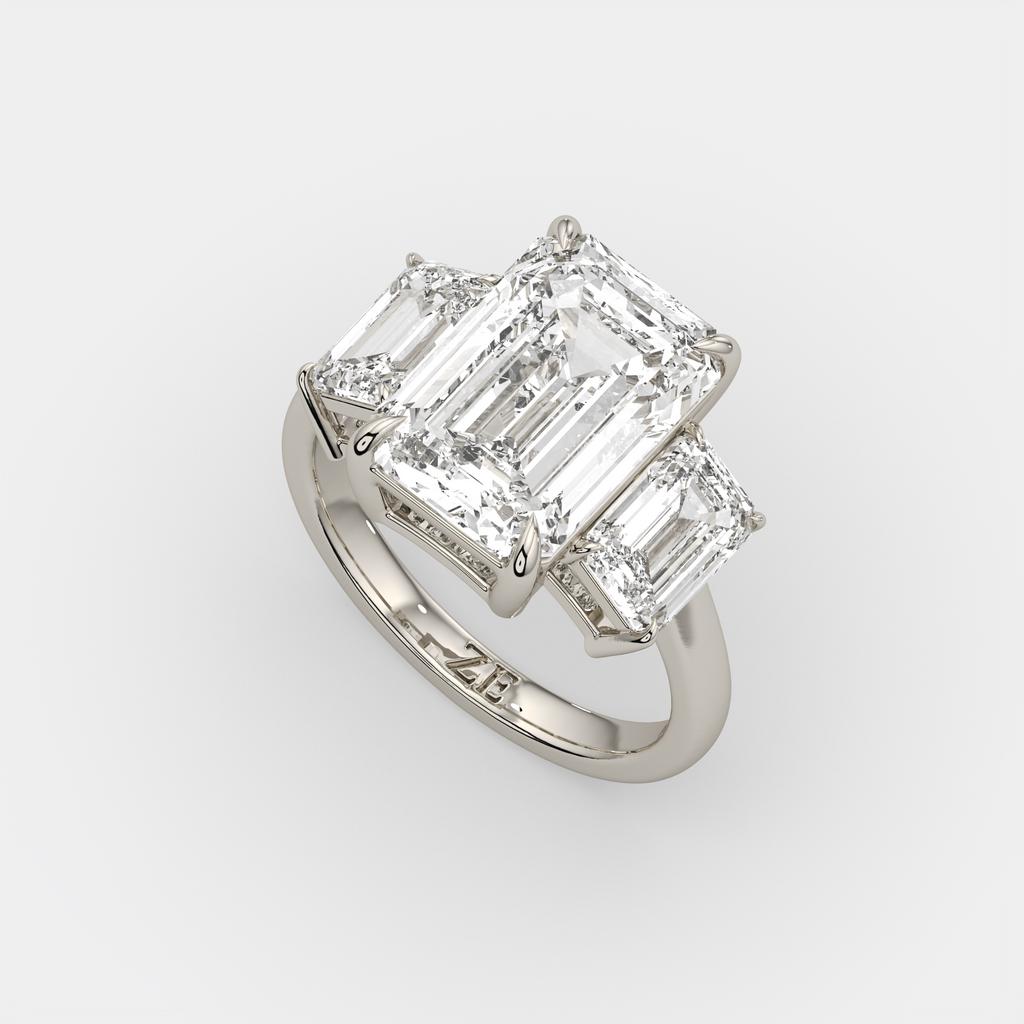 8.00 Ct E VS1 Emerald Cut Lab Grown Diamond Three Stone Ring, in white gold, front view