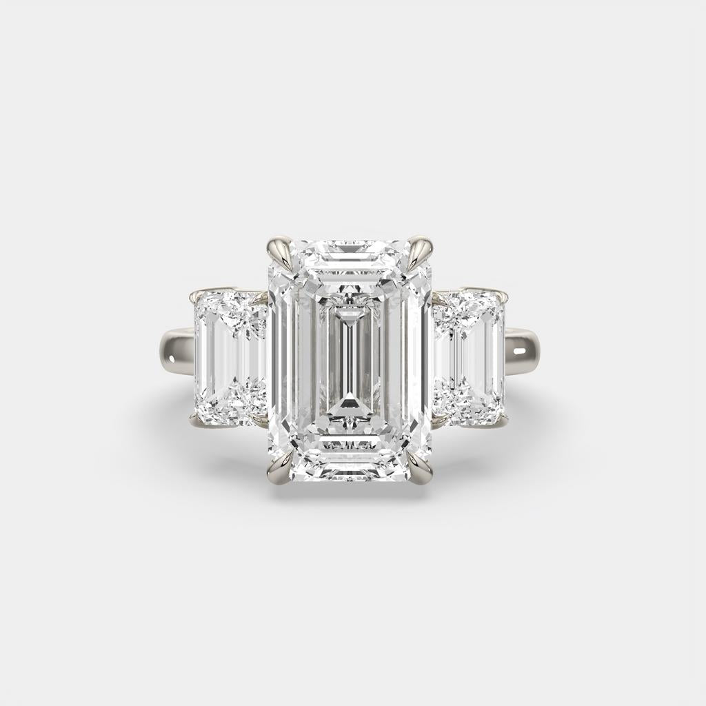 8.00 Ct E VS1 Emerald Cut Lab Grown Diamond Three Stone Ring, in white gold, front view