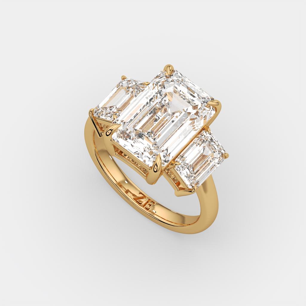 8.00 Ct E VS1 Emerald Cut Lab Grown Diamond Three Stone Ring, in yellow gold, front view