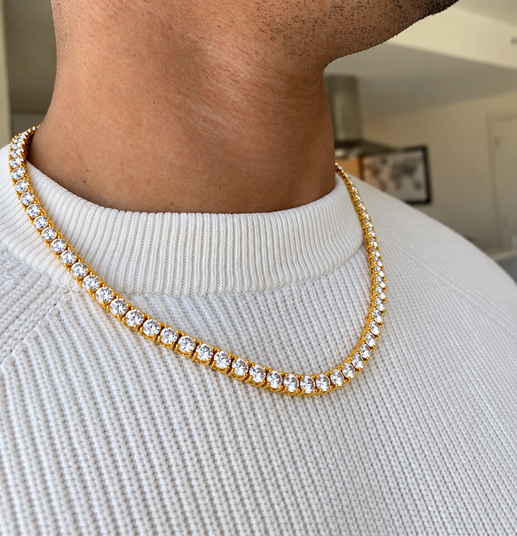 91.00 Ct D VS1 Round Lab-Grown Diamond Men's Tennis Necklace, in yellow gold, front view
