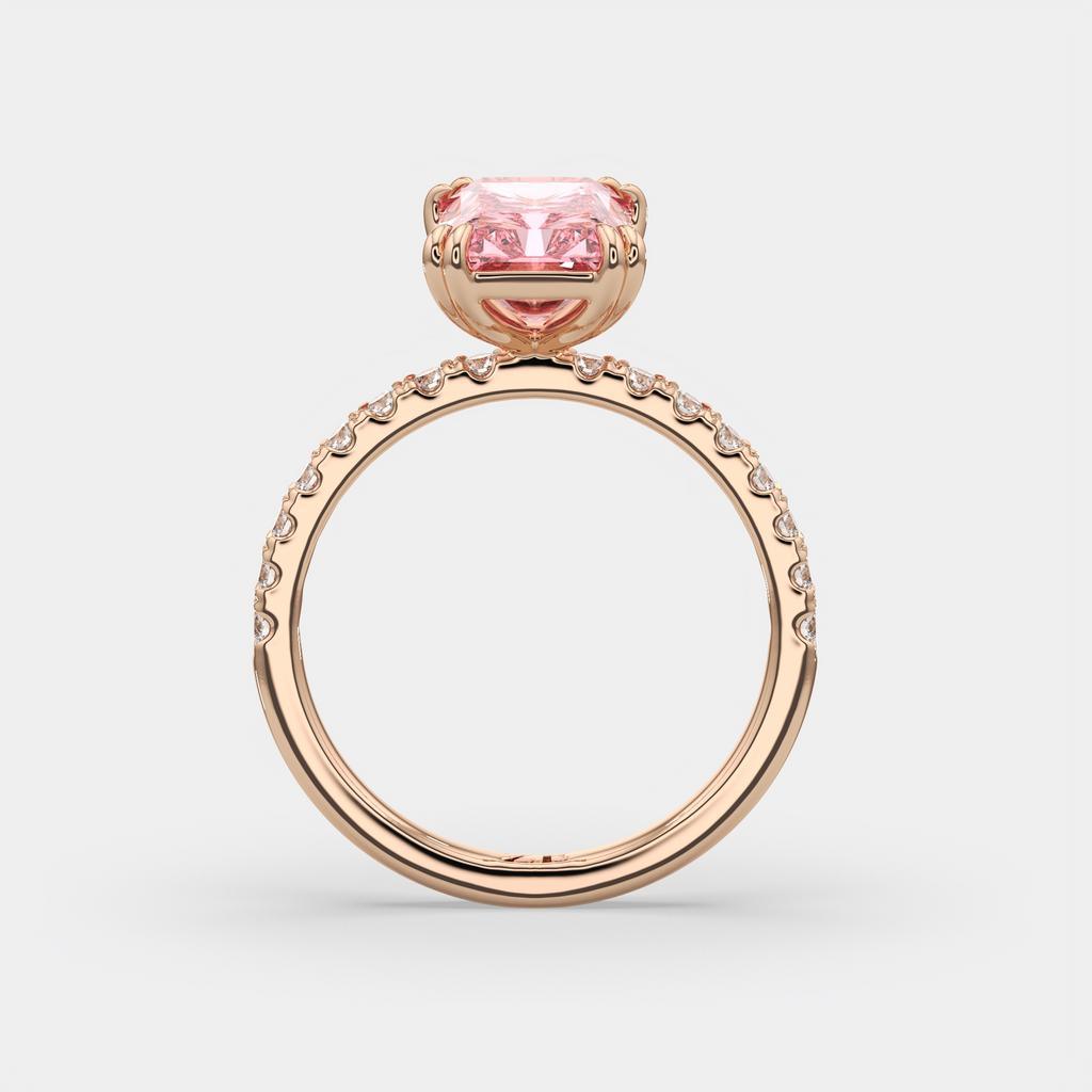 3.30 Ct Fancy Vivid Pink VS2 Radiant Lab-Grown Diamond Ring with Round Accents, in rose gold, side profile