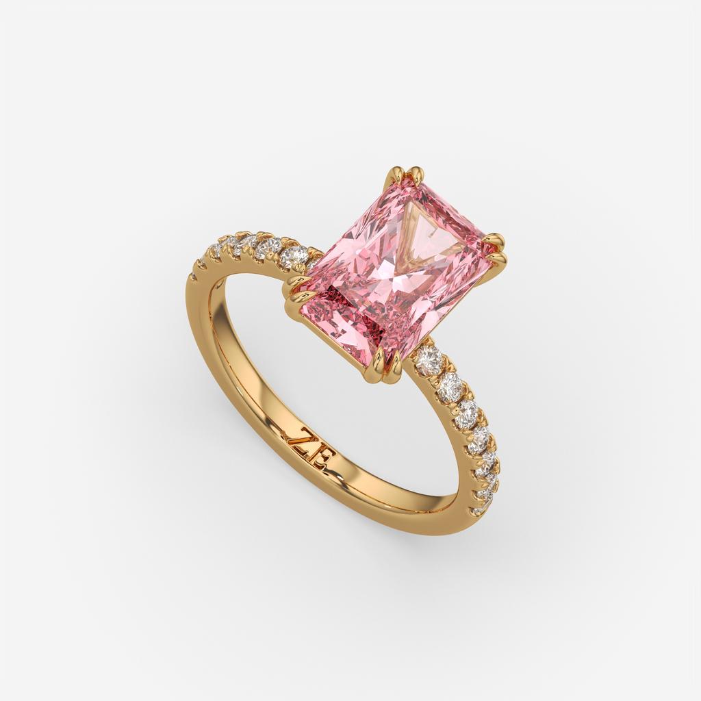 3.30 Ct Fancy Vivid Pink VS2 Radiant Lab-Grown Diamond Ring with Round Accents, in yellow gold, front view