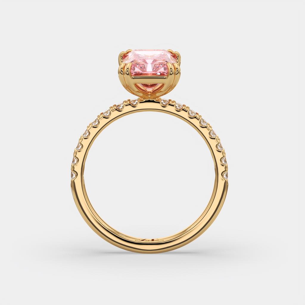 3.30 Ct Fancy Vivid Pink VS2 Radiant Lab-Grown Diamond Ring with Round Accents, in yellow gold, side profile
