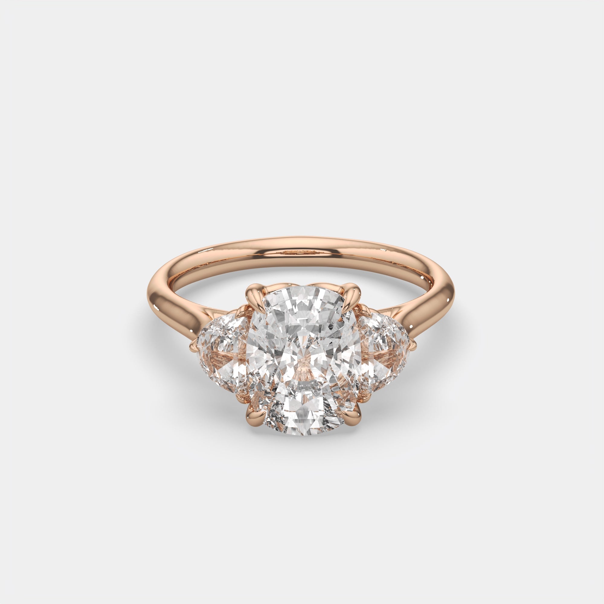 4.60 Ct F VS1 Cushion 3 Stone Ring with Half Moon Accents