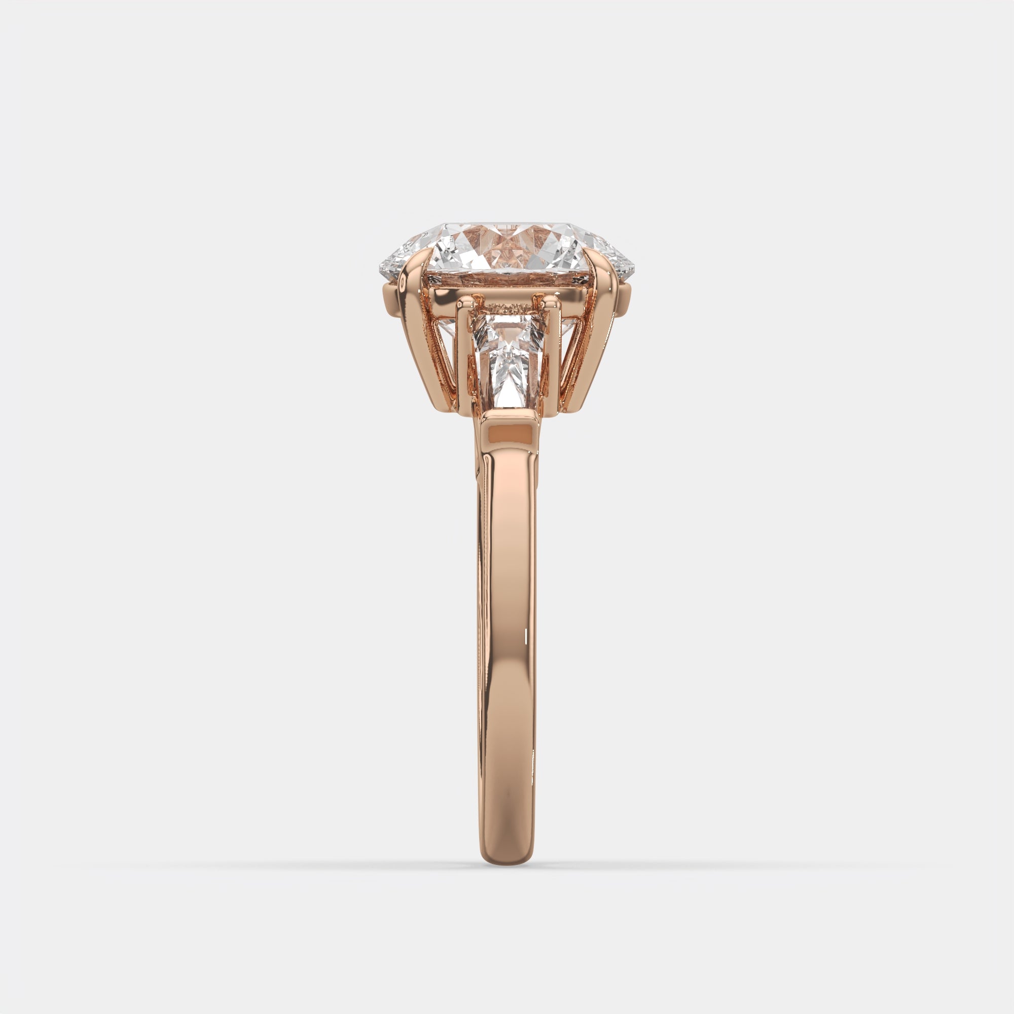 3.40 Ct Round Diamond Ring W/ Tapered Baguettes, in 14k rose gold, angle view 2