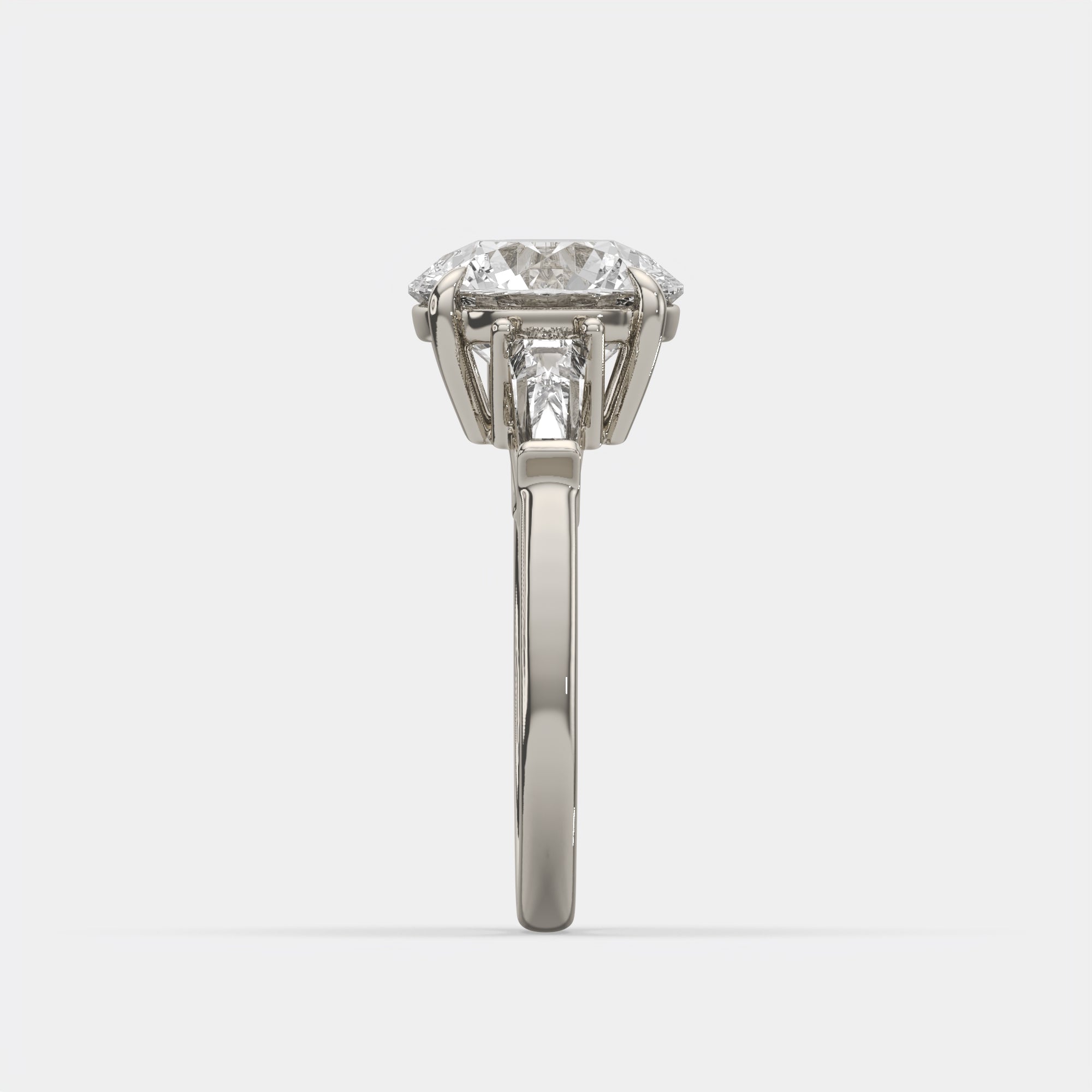 3.40 Ct Round Diamond Ring W/ Tapered Baguettes, in 14k white gold, angle view 2