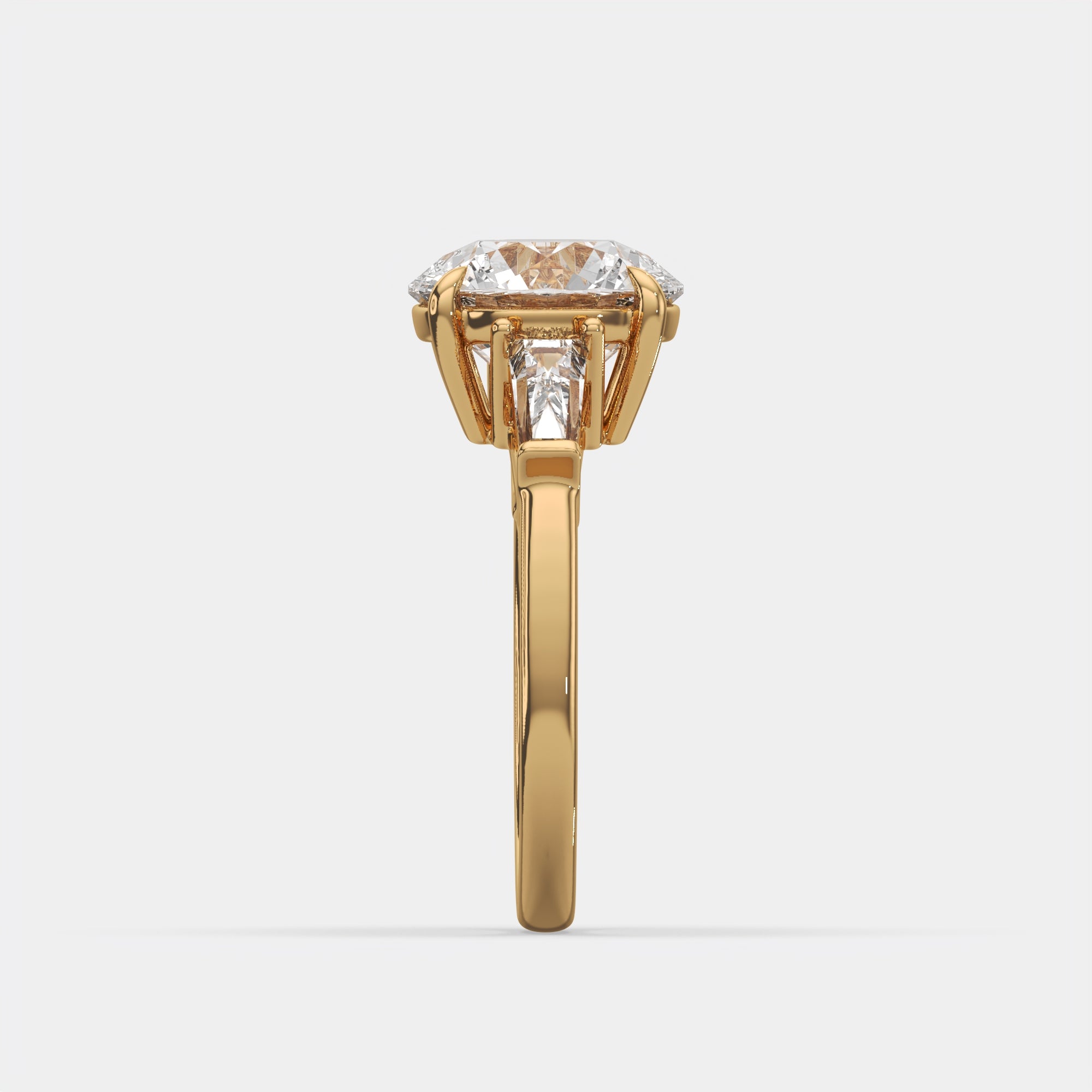 3.40 Ct Round Diamond Ring W/ Tapered Baguettes, in 14k yellow gold, angle view 1