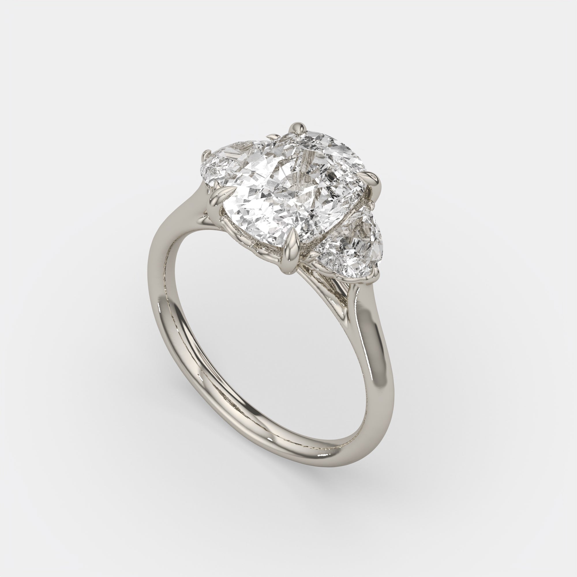 4.60 Ct Cushion 3 Stone Ring with Half Moon Accents, view 2