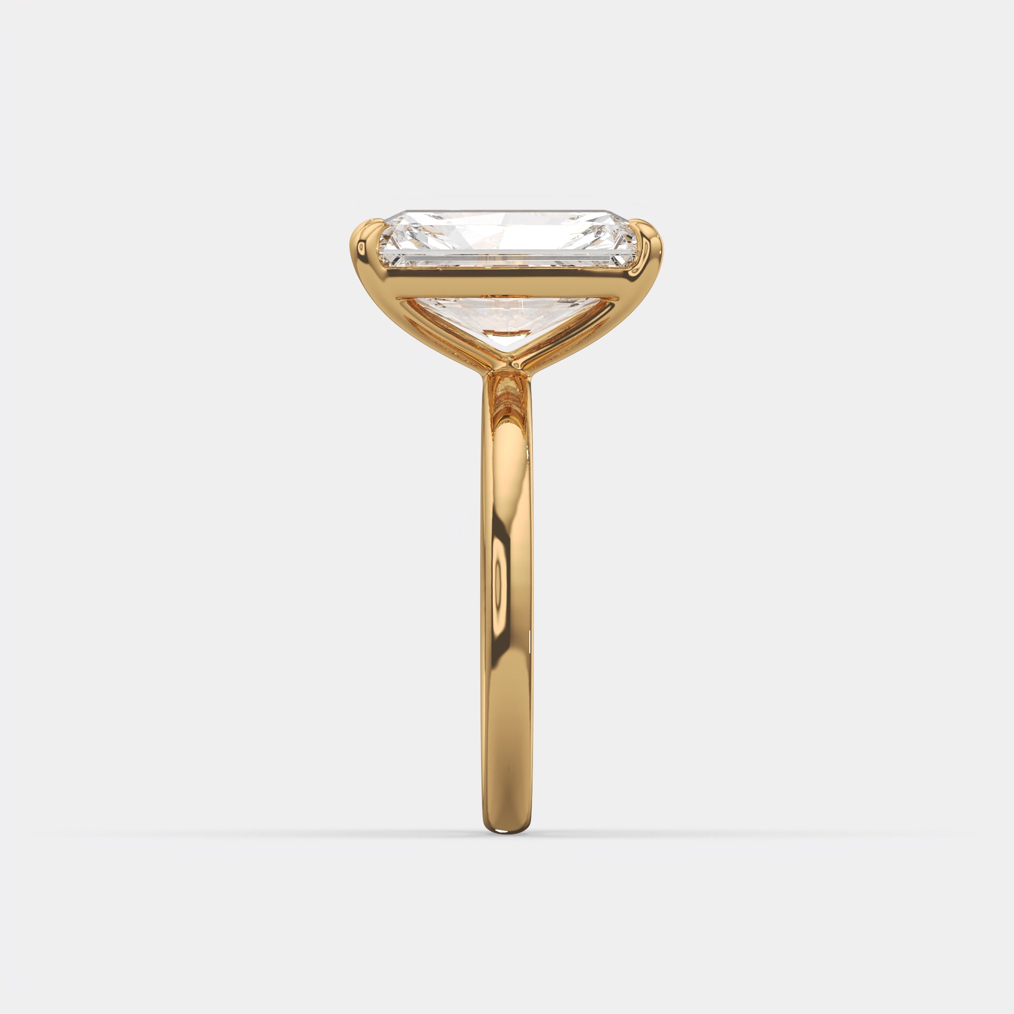 5.00 Ct E VS1 Radiant Solitaire Diamond Ring, in 14k yellow gold, side profile