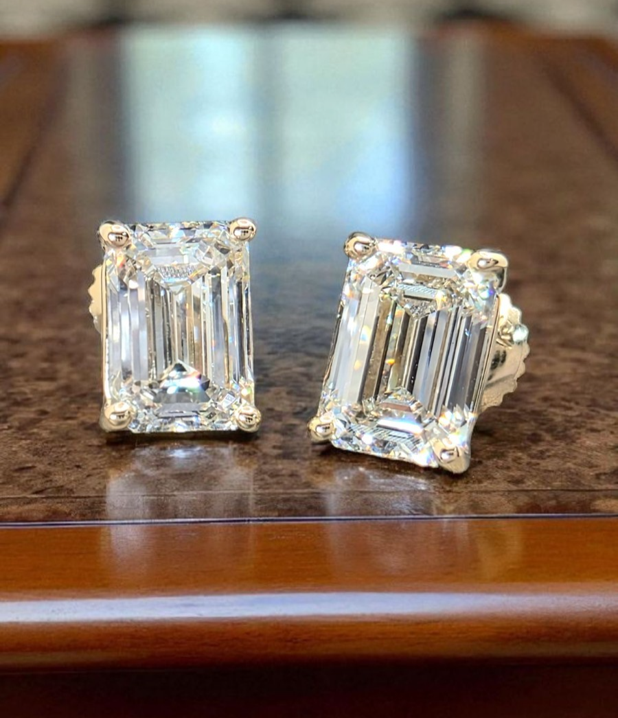 3 Ct Basket Set Emerald Cut D VS1 Lab Grown Diamond Stud Earrings 14K Gold IGI