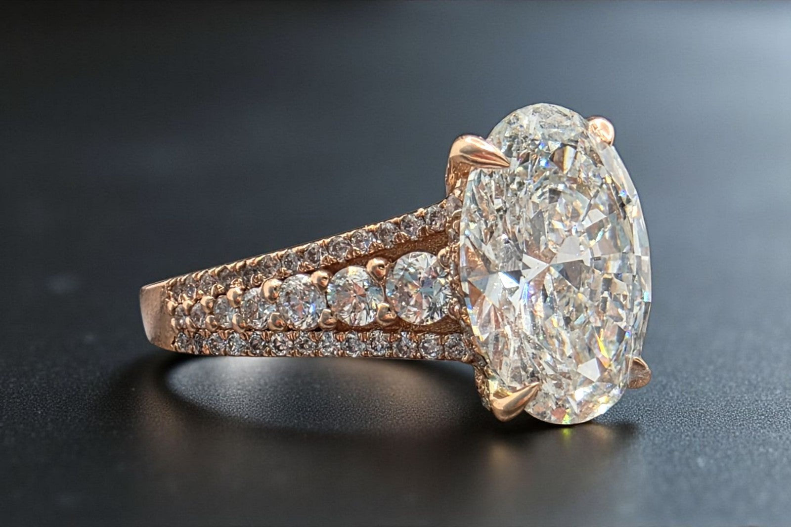 3.84 Carat E VS1 Oval Diamond Engagement Ring IGI Certified Lab Grown 14k Rose