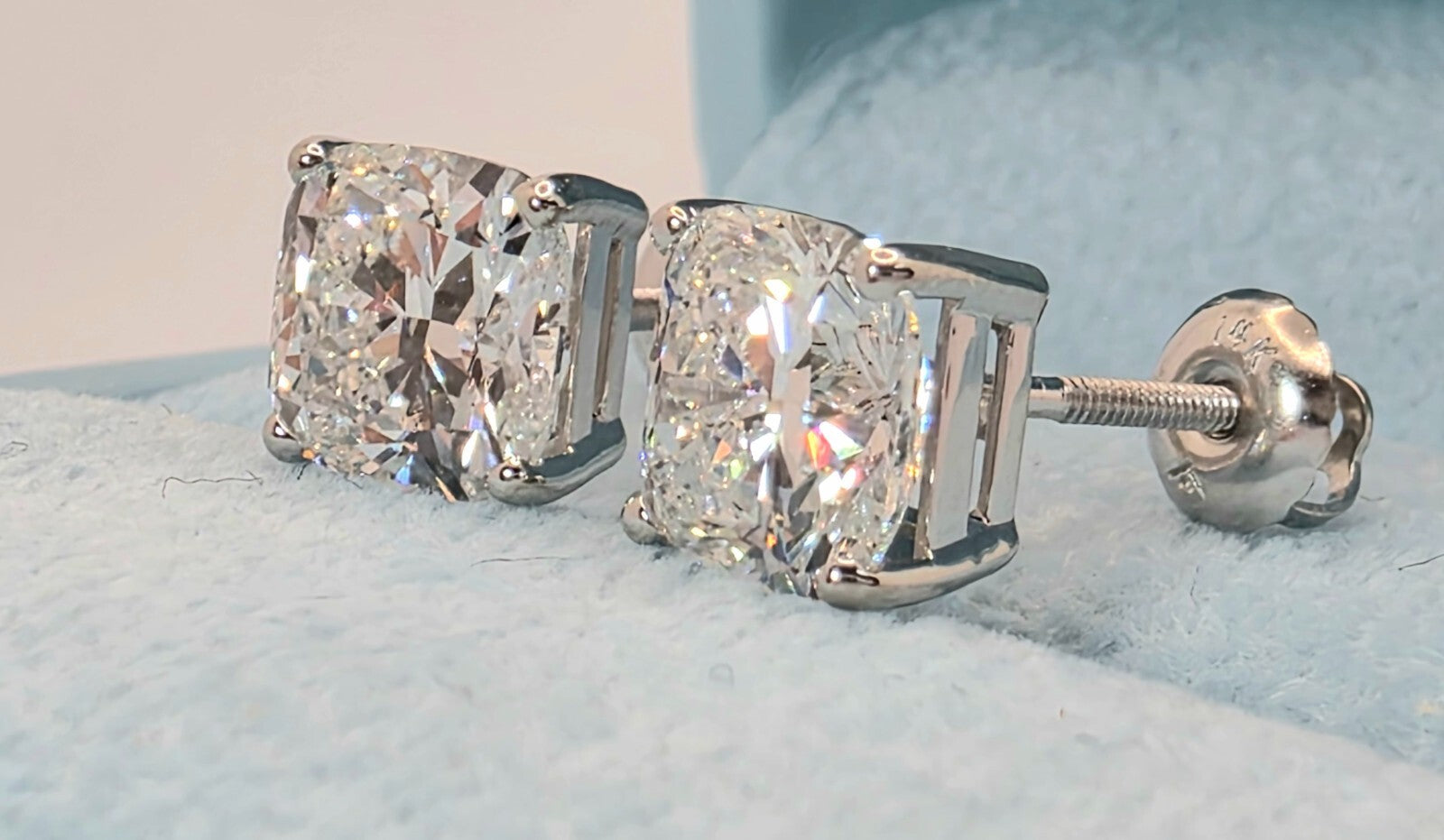 4.00 Cushion D VS1 Lab Grown Diamond Studs IGI Certified 14k White Gold Screw