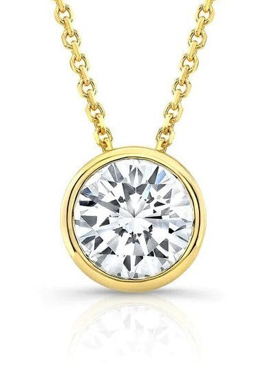 1 Ct Round F VS2 Lab Grown Diamond Bezel Pendant 14k Yellow Gold IGI Certified
