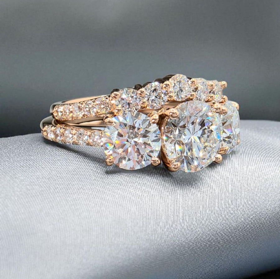 5.00 Ct D VS1 Lab Grown Diamond Ring With Matching Band IGI Certified 14k Rose