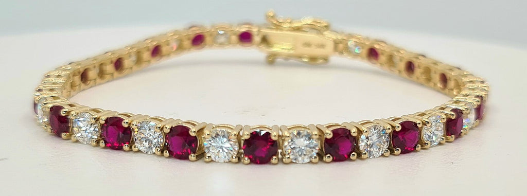 10.82 Carat Lab Grown Ruby & Diamond Tennis Bracelet 14k Yellow Gold