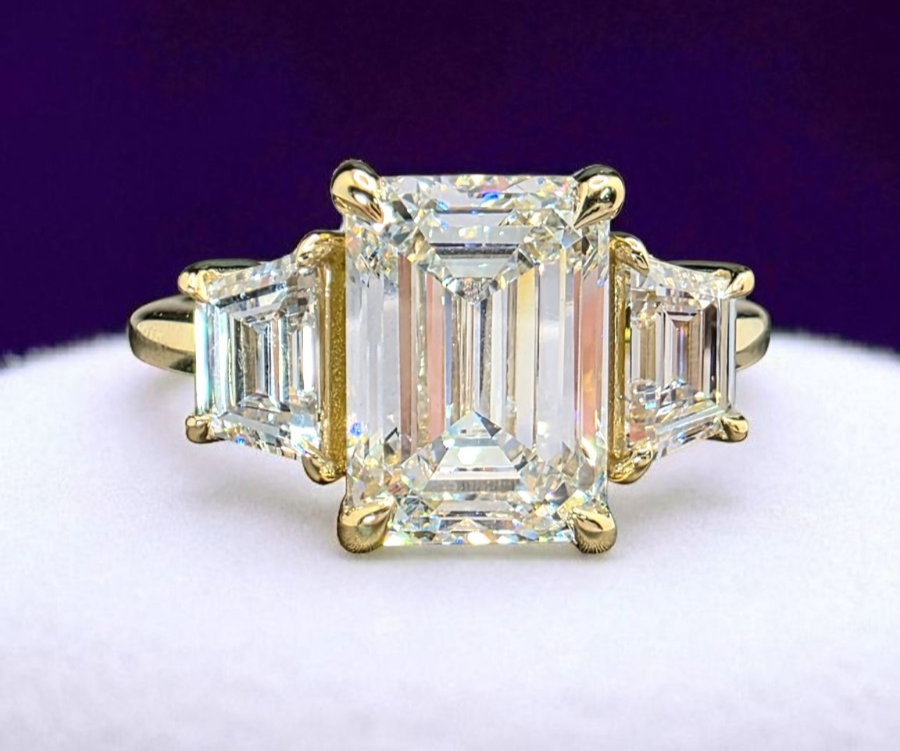 3.80Ct Emerald Cut Lab Grown Diamond Three Stone Engagement Ring 14k Yellow Gold
