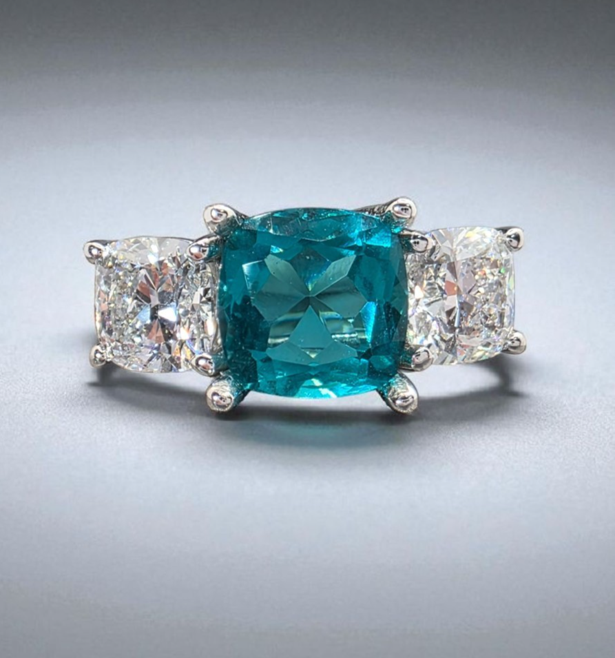 4.00 Ct Cushion Lab Grown Paraiba Tourmaline and Diamond Ring Platinum IGI GIA