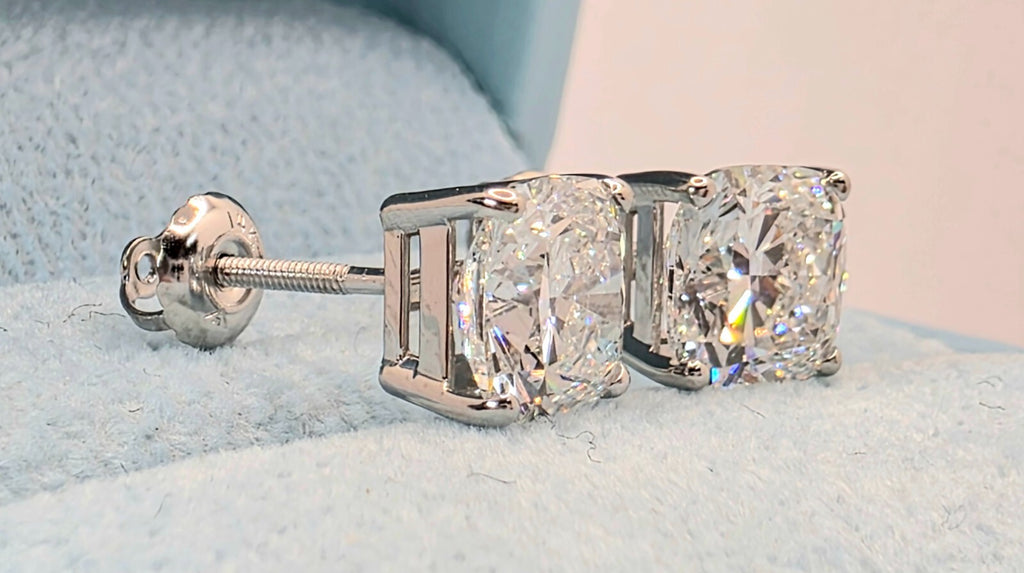 4.00 Cushion E VS1 Lab Grown Diamond Studs IGI Certified 14k White Gold Screw