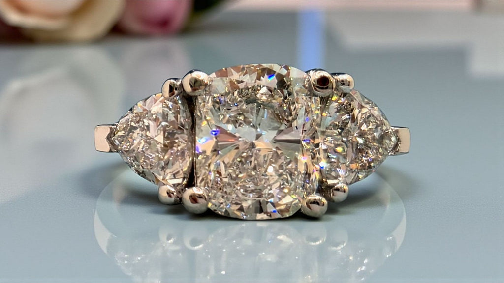 5.06 CT F VVS2 Lab Grown Cushion Diamond 3 Stone Ring IGI Certified