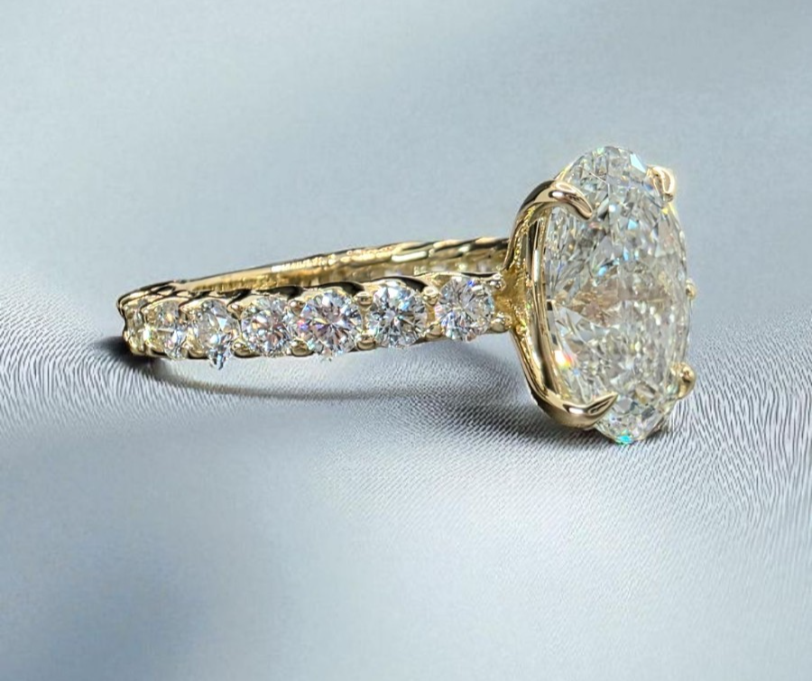 4.16 Ct F VS1 Carat Oval Lab Grown Diamond Ring IGI Certified 14k Yellow Gold