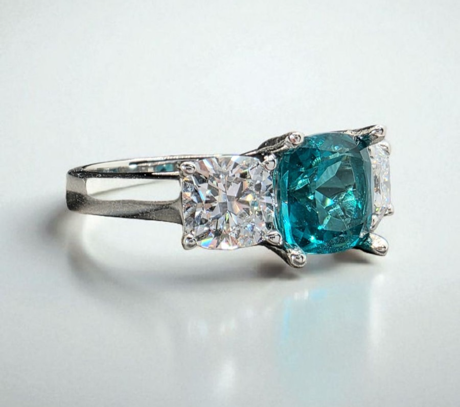 4.00 Ct Cushion Lab Grown Paraiba Tourmaline and Diamond Ring Platinum IGI GIA