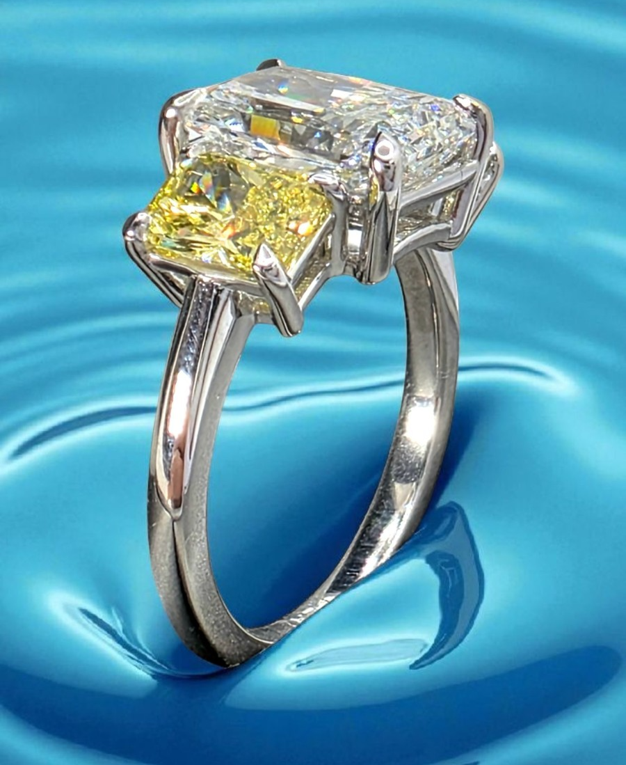 4.42 CT E VVS2 Radiant Cut Lab Grown Diamond 3 Stone Ring Platinum IGI Certified