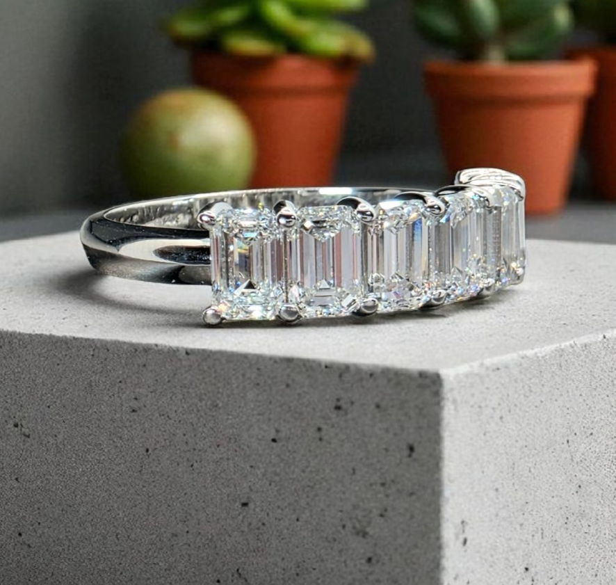 3.00 Carat 7 Stone Lab Grown Emerald Cut Diamond Band 3mm Platinum
