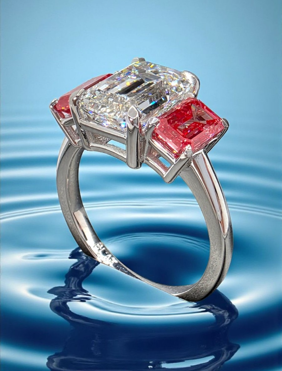 4.60 CT D VS1 Emerald Cut Lab Grown Diamond 3 Stone Ring Platinum IGI Certified