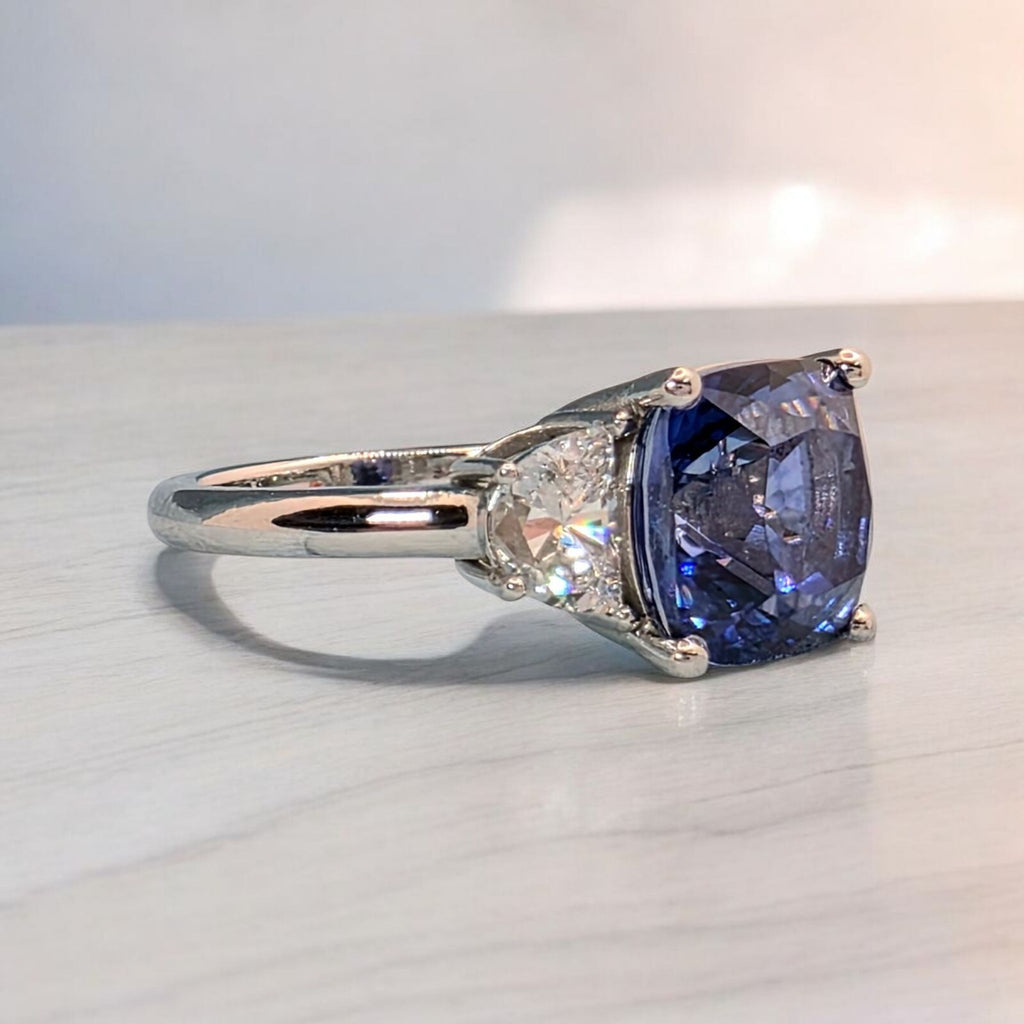 5.60 Ct Cushion Lab Grown Sapphire & Platinum Diamond Ring 14k GIA Authenticated