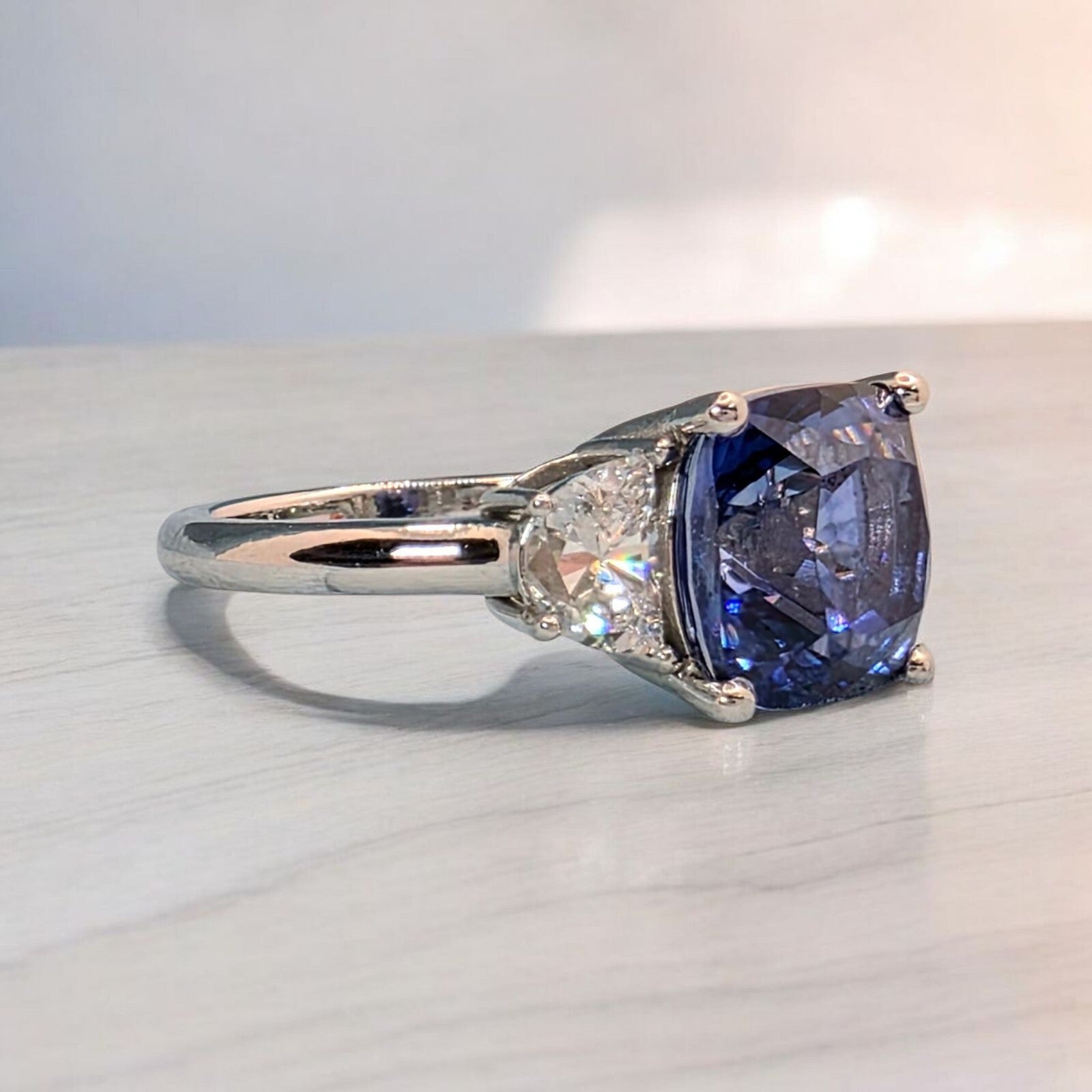 5.60 Ct Cushion Lab Grown Sapphire & Platinum Diamond Ring 14k GIA Authenticated