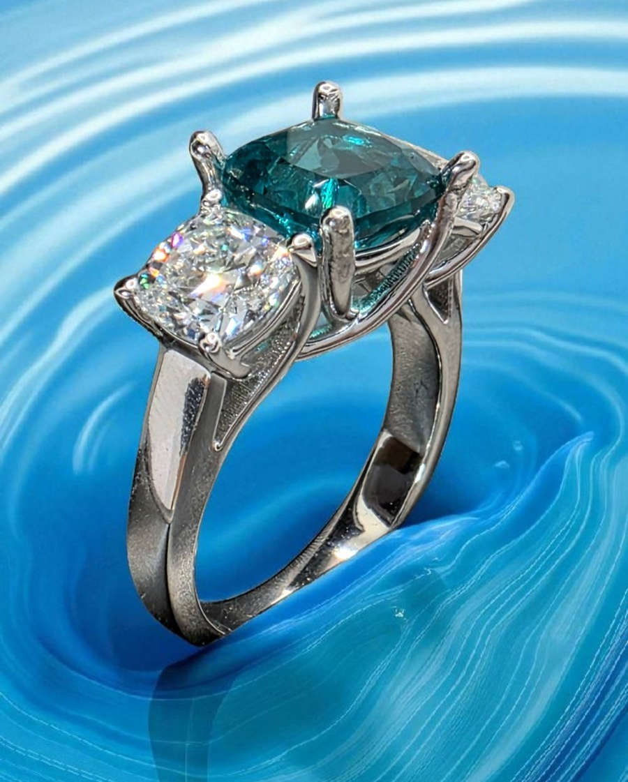 4.00 Ct Cushion Lab Grown Paraiba Tourmaline and Diamond Ring 14k IGI GIA