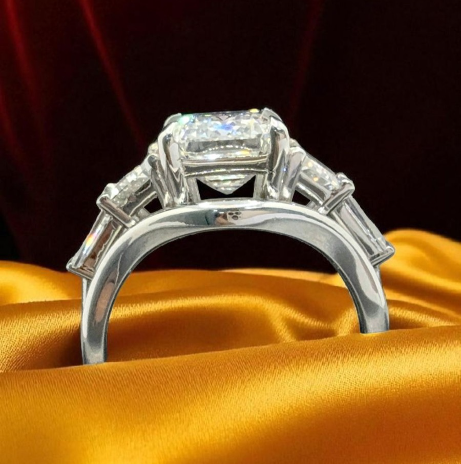 4.80 Carat E VS1 Platinum Emerald Cut IGI Lab Grown Diamond Ring and Curved Band