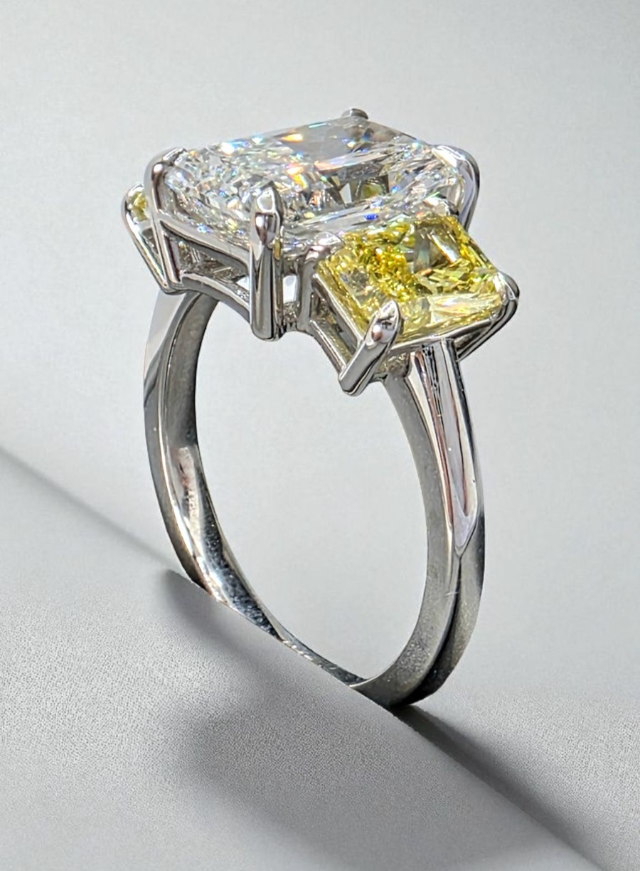 4.42 CT E VVS2 Radiant Cut Lab Grown Diamond 3 Stone Ring Platinum IGI Certified