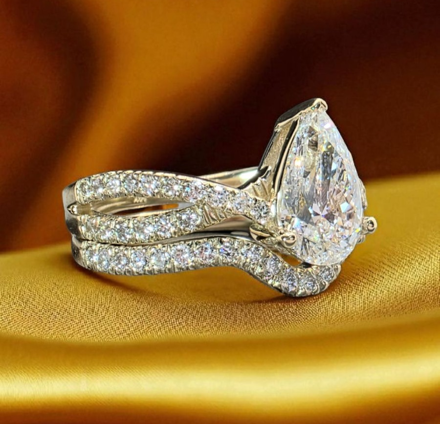 1.70 Ct Pear Shape Lab Grown Diamond Ring With Band D VS1 14k  IGI Certified