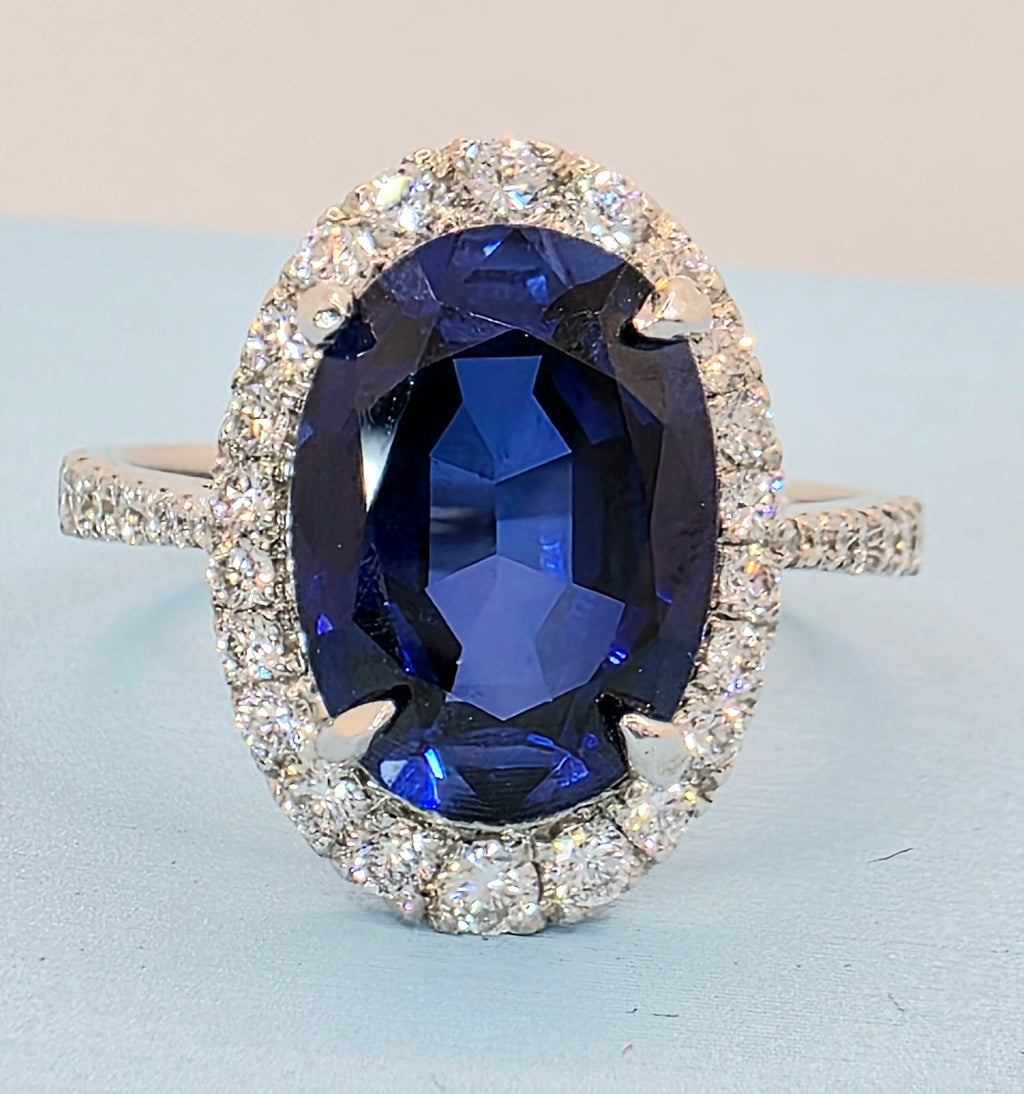4.68 Ct Lady Di Lab Grown Sapphire and Diamond Ring 14k White GIA Authenticated