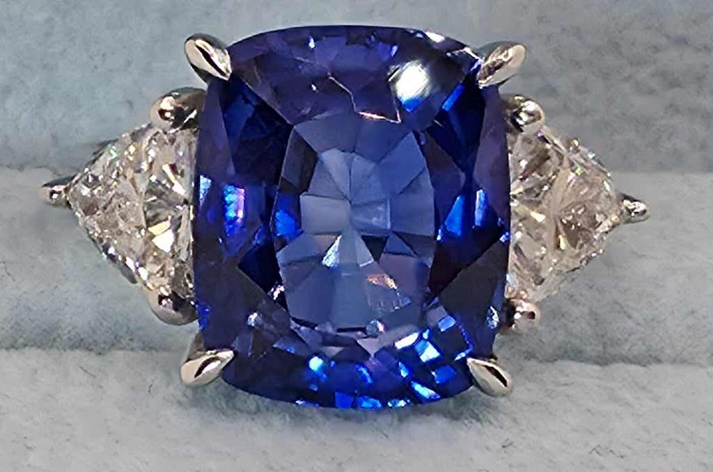 9.43 Ct Cushion Lab Grown Sapphire and Diamond Ring 14k GIA Authenticated